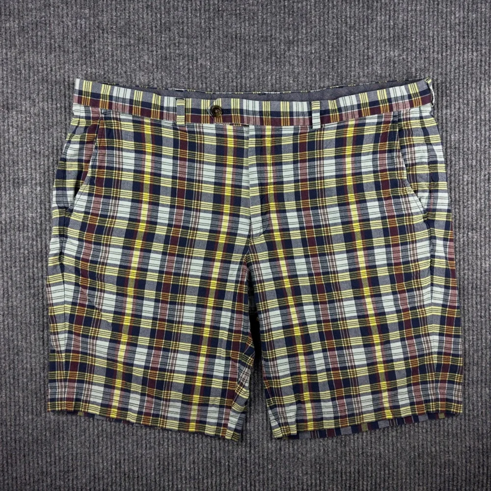 Brooks Brothers 346 Mens Plaid Cotton Chino Shorts Navy Yellow Burgundy‎ Size 42